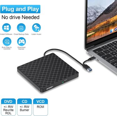 Зовнішній DVD CD привід BENEWY USB 3.0 та Type-C, портативний DVD-плеєр та записувач +/-RW для ноутбука, ПК, MacBook (Windows, Linux, Mac), чорний