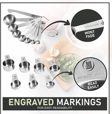 Kaluns Stainless Steel Measuring Cups and Spoons, 16-Piece Measuring Cup and Spoon Set including Leveler and Measuring Card, Durable, Heat and Rust Resistant