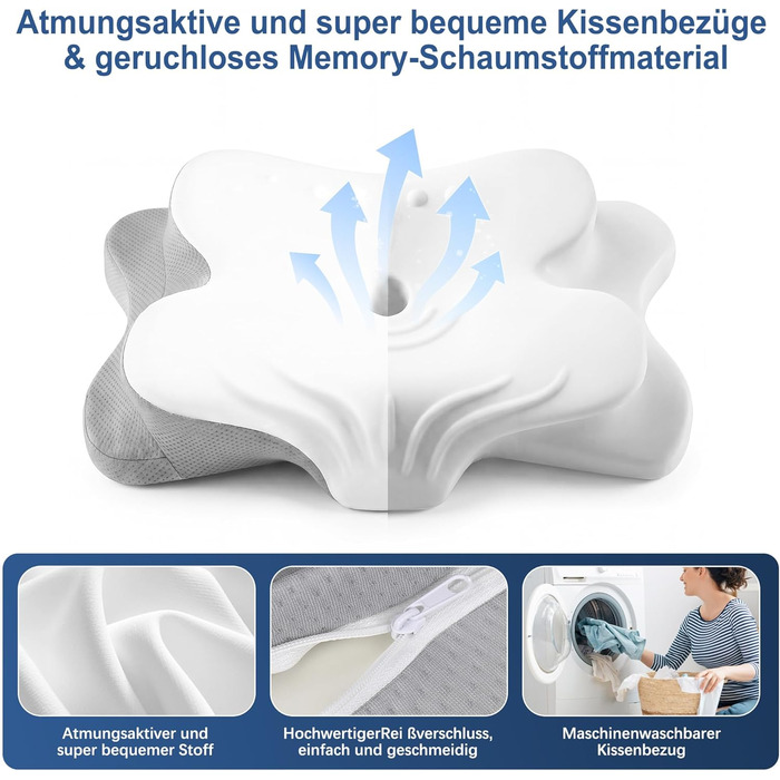 Подушка для шиї VYLEE з піни Memory Foam: ортопедична для сну на спині, боку та животі, від болю в шиї та плечах (Сіра)