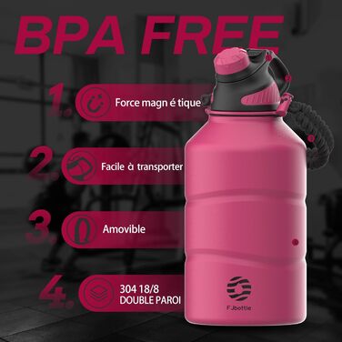 Fjbottle Stainless Steel Water Bottle 1900ML with Magnetic Lid, BPA FREE, Leak-Proof, Double-Walled Thermo Metal Bottle - Suitable for Carbonated Drinks, Sports Water Bottle for University, Fitness, Camping, Outdoor (Magenta)