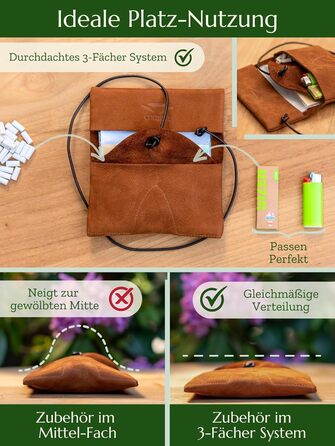Premium Tobacco Pouch made of Wild Leather - Separate Paper & Filter Compartment - Handcrafted Tobacco Bag - High-Quality Rolling Pouch for Tobacco (Cognac Brown)