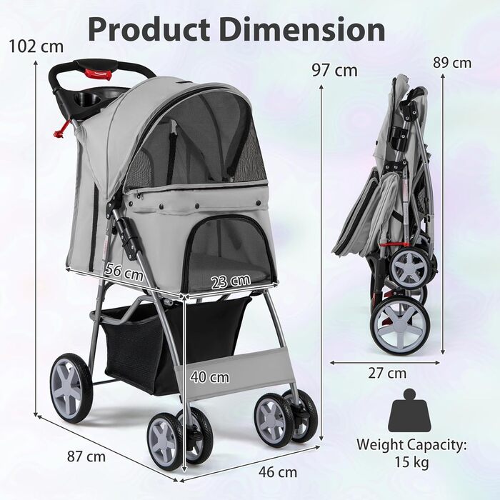 Візок для собак та котів SOARS, до 15 кг, складний, сірий