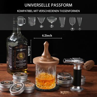 Набір для копчення віскі з факелом: 6 смаків, дерев'яні тріски, 2 склянки, 6 контейнерів для віскі, коктейльний набір для копчення, набір для копчення напоїв, подарунок на день народження для любителів бурбону (без бутану)