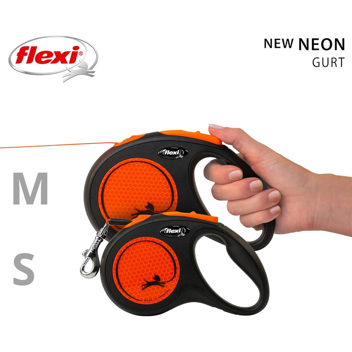 Еластичний повідок Flexi Neon M, 5 м, чорний/неоновий помаранчевий, світловідбиваюча поверхня, для собак до 25 кг