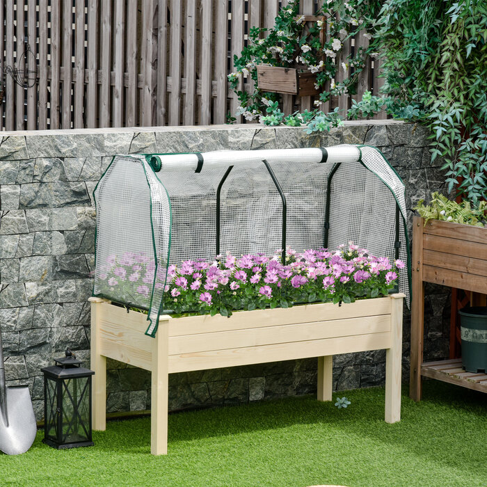 Outsunny Raised Garden Bed Cold Frame 121x55x117 cm made of Fir Wood with Protective Film and Drainage Holes, Waterproof for Garden & Balcony in Natural Color