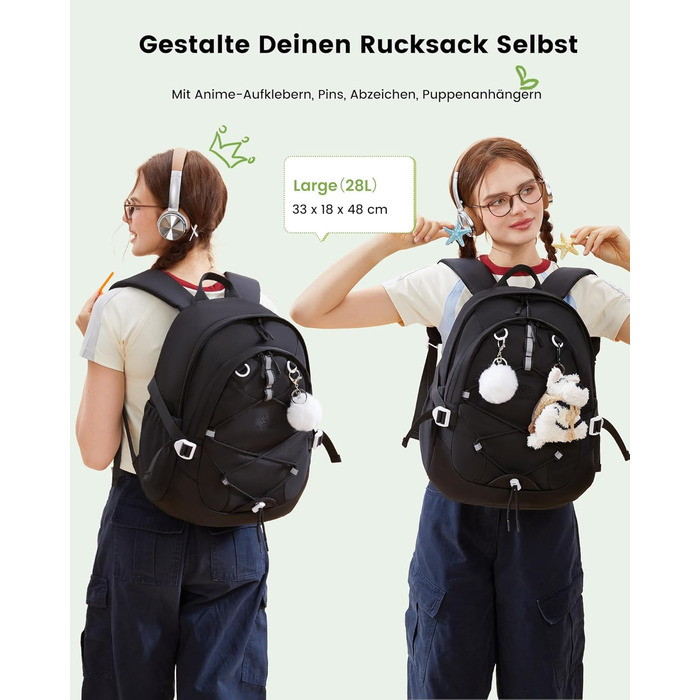 LOVEVOOK Рюкзак для підлітка, шкільний рюкзак для дівчинки 5 клас, рюкзак для дитини з нагрудною стрічкою, легка жіноча сумка, дитячий рюкзак LOVEVOOK від 8 років для школи, університету, дозвілля, 15.6' (Чорний, 17,3 дюйми)