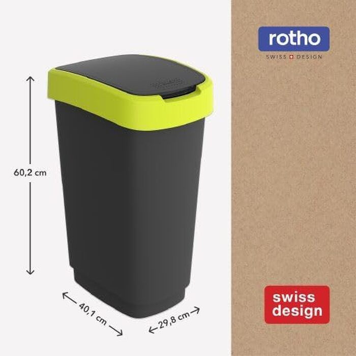 Сміттєвий бак Rotho Twist з кришкою 50л, пластик (перероблений PP), чорний/жовтий, для кухні