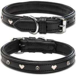 Нашийник для собак Jack Russell з натуральної шкіри чорного кольору з аплікаціями у вигляді серця та квітки, подвійний шар, розмір S (26.0-36.0)