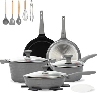 Набір посуду UCCLIFE 17 предметів: каструлі, сковорідки з антипригарним покриттям, керамічний набір, антипригарна сковорода, каструля, суповарка, безпечний, для індукційних плит, кухонний набір, сірий колір