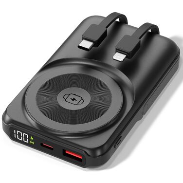 Універсальний Power Bank All-IN-ONE 10000 mAh чорний: швидка зарядка 22.5W, PD 20W, бездротова зарядка 15W, зарядний пристрій для Apple Watch, вбудовані кабелі USB-C та Lightning, LED-дисплей, алюмінієва підставка