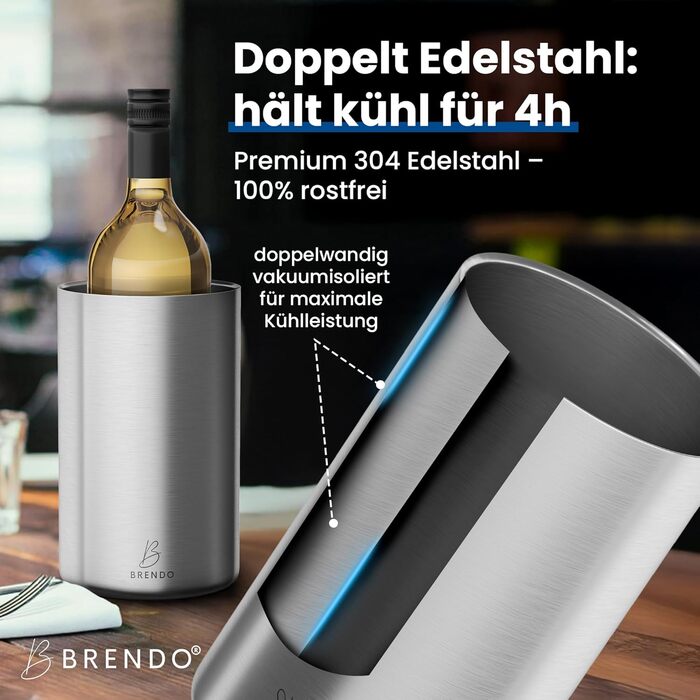 Охолоджувач для пляшок та шампанського Brendo Weinkühler Edelstahl - подвійний, ізольований, срібляний | Охолоджувач для вина, шампанського, белого вина | Подарунковий набір для чоловіків та жінок