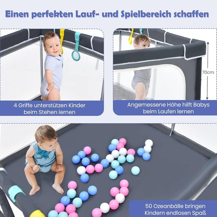 COSTWAY 124 x 124cm Baby Playpen, Foldable, Portable Playard with 50 Balls, 4 Grips, Locking Function, Crawling Gate with Net Walls & Door, Playpen Tent for Infants & Children (Dark Grey)