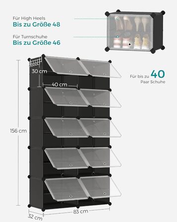 SONGMICS 10-Tier Shoe Rack, Shoe Cabinet, 30 x 40 x 30 cm per compartment, narrow, with doors, steel frame, plastic, for hallway, bedroom, entrance area, black LPC035B01