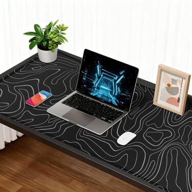 Великий килимок для столу 800x400 мм - ігровий килимок для миші з прошитими краями, неслизька підкладка, килимок для клавіатури та миші Black & White Abstraction (Топографічна лінія)