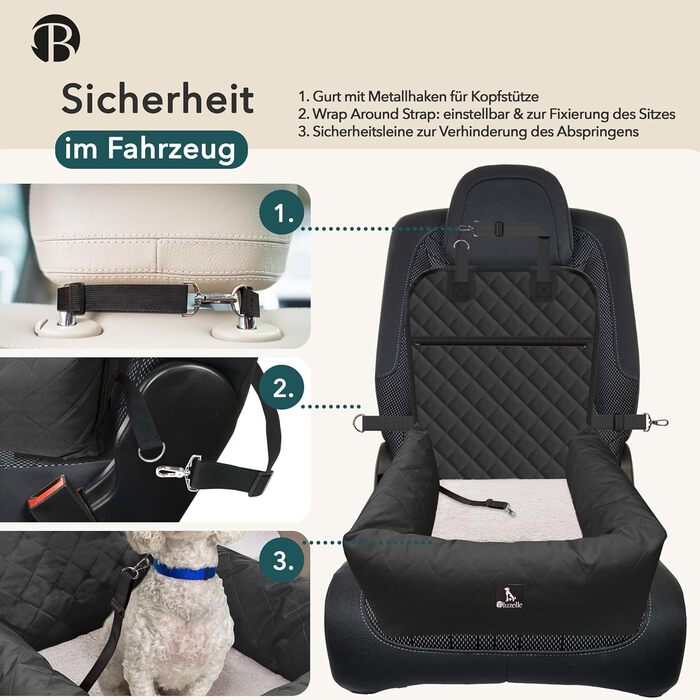 Bluzelle 2-in-1 Dog Car Seat & Bed - Oxford Fabric, Washable, Non-Slip - for Small & Medium Dogs - Black