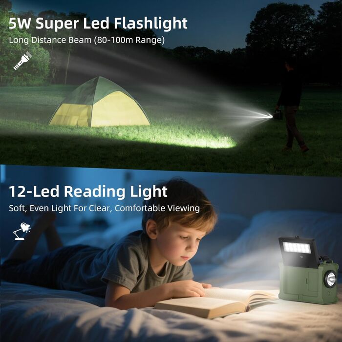 Сонячне радіо з ручним приводом 12000mAh, портативний приймач світу, радіо для надзвичайних ситуацій з AM/FM, 8500 мм² сонячна панель, Powerbank, ліхтарик та світло для читання, для виживання та відключень електроенергії (зелене)