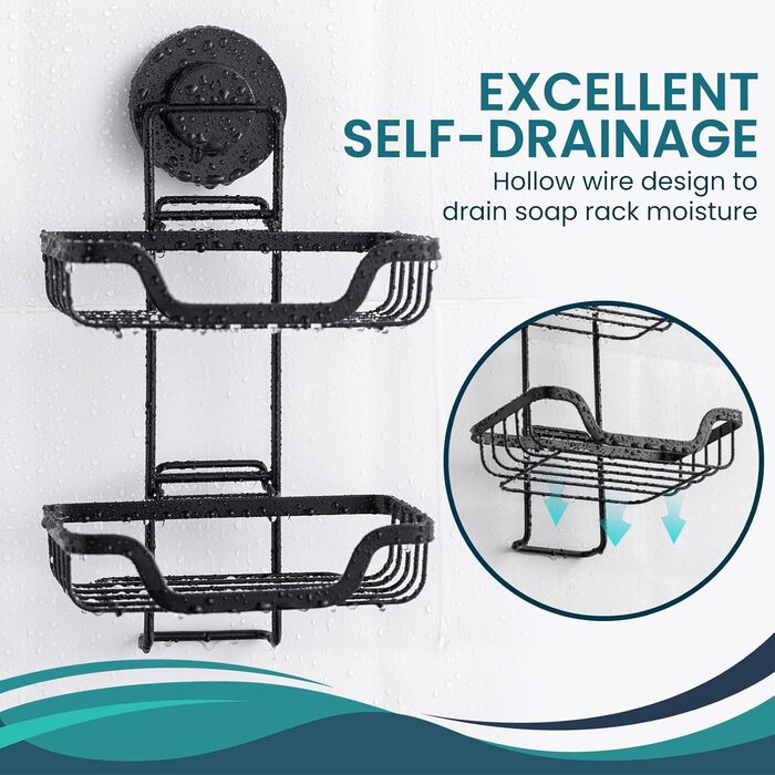 TAILI Shower Soap Dish with Drain and Hook, MAX Hold 5 KG, Stainless Steel Soap Dishes No Drilling Required, Bathroom Soap Holder Wall Mount, Double Soap Holder with Suction Cup, Sponge Holder, Black