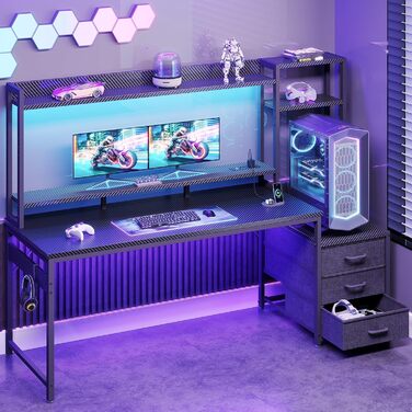 Ігровий стіл Coleshome з полицею та ящиками, 137×48 см. Стіл для геймінгу з LED-підсвіткою та розеткою, комп'ютерний стіл з місцями для зберігання та підставкою для монітора (Carbon Fiber Black, 161×48 см)