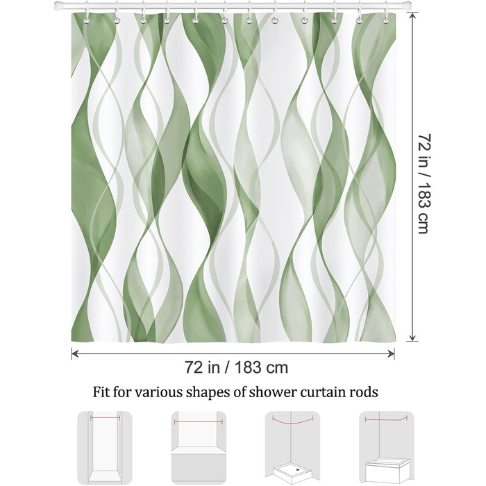 Шторка для душу Bonhause 180x180 см, водонепроникна, антигрибкова, смугаста, з 12 кільцями