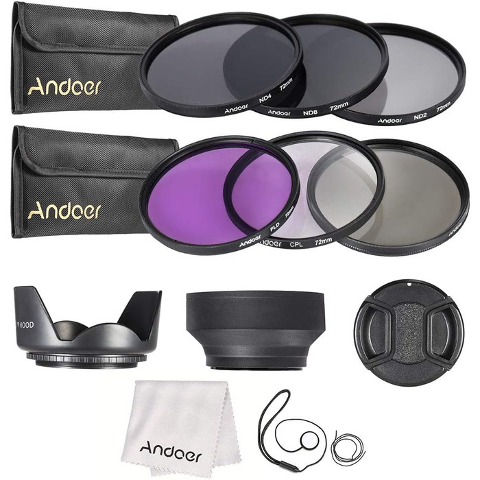 Набір фільтрів для об'єктива Andoer 72mm: UV, CPL, FLD, ND (ND2, ND4, ND8) з чохлом, кришками, тримачем та блендами