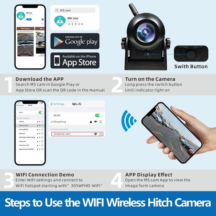 Магнітна бездротова WiFi камера заднього виду з акумулятором, 720P, IP68, для вантажівок, автодомів, причепів, сумісна з iPhone, iPad, Android