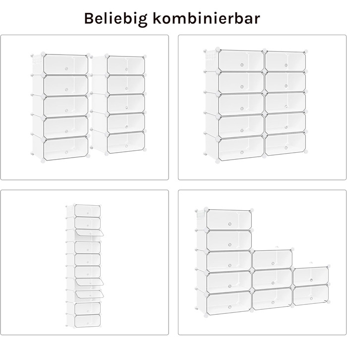WOLTU Shoe Box, Shoe Storage, Set of 10, Stackable Design, for 20 Pairs, with Door, Hooks, 40x30x170 cm, White