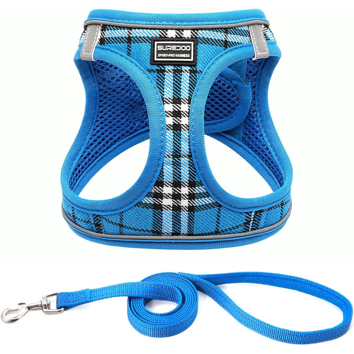 Шлейка для собак Suredoo для маленьких і середніх порід, анти-тяга, дихаюча, з поводом (M, 34-39см; XL, 46-53см, 8-10.5кг), блакитна в клітинку