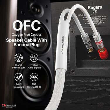 Акустичний кабель Nakamichi 12AWG з позолоченими банановими роз'ємами 24K, 1.8м, безкиснева мідь (OFC), в обплетенні, білий