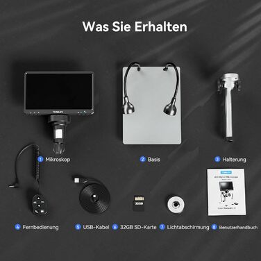 TOMLOV DM9 7' LCD цифровий мікроскоп 1200x, 1080P USB, 12MP, з підсвічуванням LED, для PC/Windows/Mac, 32GB