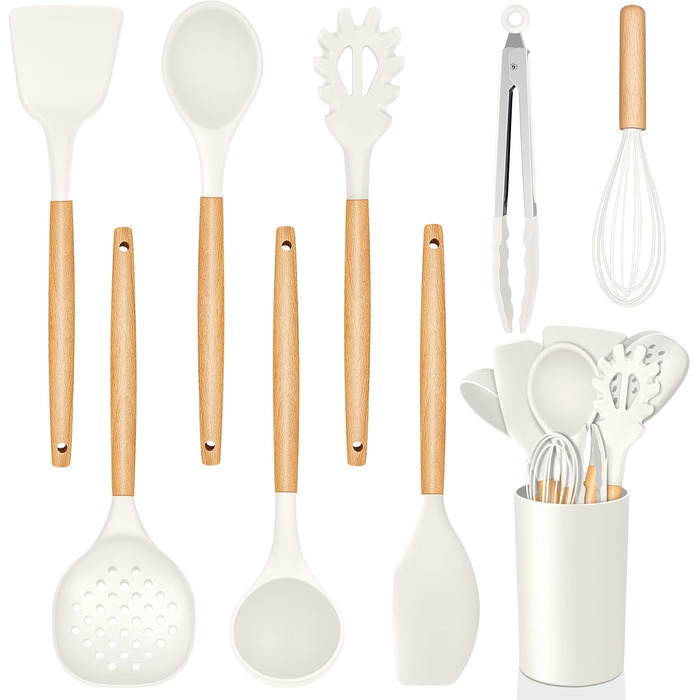 Набір кухонних аксесуарів Homikit 9 шт. з дерев'яною ручкою, чорний, з підставкою, антипригарне силіконове кухонне приладдя