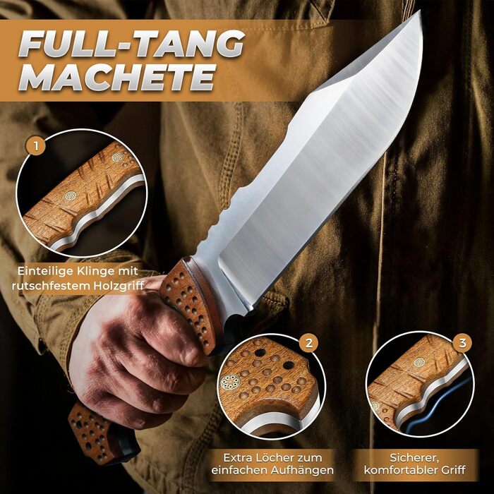 Purple Dragon Large Outdoor Knife – 7mm Spine, Full Tang Survival Knife made of 4Cr13 Steel, Machete with Sheath, Ideal for Bushcraft, Camping, Chopping Wood, Gift for Men, Khaki