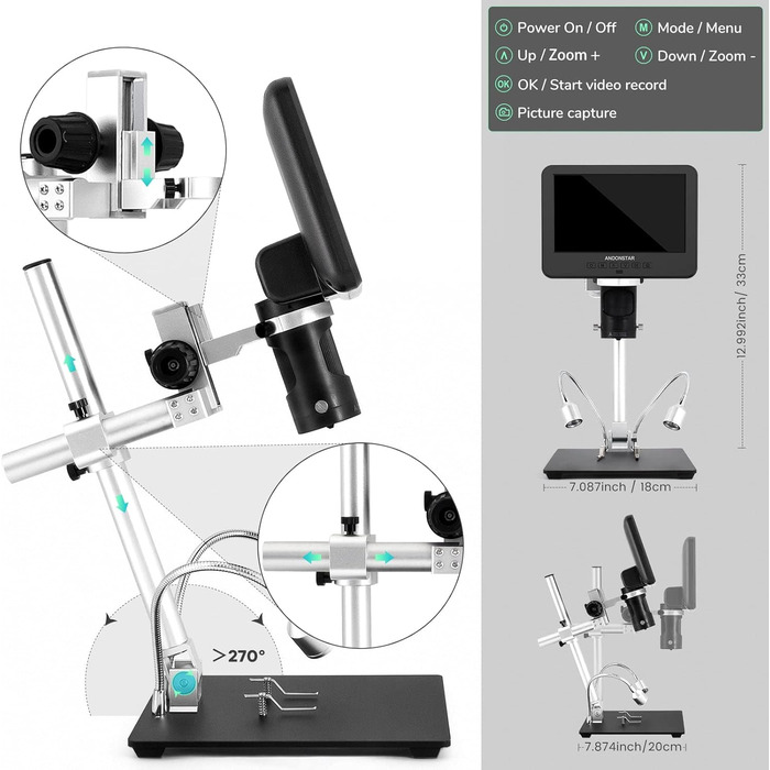 Цифровий мікроскоп Andonstar AD246S-M з 7-дюймовим екраном, 2000x, 3 об'єктиви, 2160P UHD відеозапис, 32GB карта пам'яті