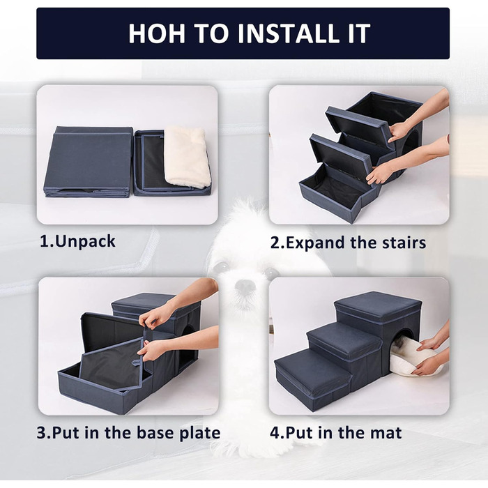 3-Step Dog Stairs, Foldable Pet Stairs for Sofa & Bed, Removable Pet Stairs Folding with Storage Box, Multifunctional Pet Ladder for Small Dogs Cats (Gray)