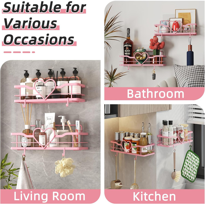 Двостороння поличка для душу без свердління, рожева, з 4 гачками, 11.5 см - органайзер для шампуню та мила