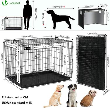 Клітка для собак VOUNOT, розкладний вольєр з кришкою, переноска для собак у машину, чорний XL (107x70x78 см)