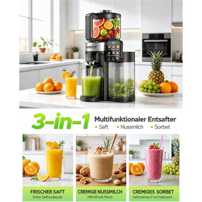 Повільна соковижималка 3-в-1 Slow Juicer з XL-завантажувальним отвором 155 мм, сіра