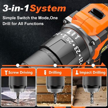 Акумуляторний шурупокрут/дрель 21V з набором 2 акумуляторів, 1200W двигун Brushless, 75Nm, 25+3 рівня крутного моменту, патрон 13мм, 2 швидкості, LED, 29-ти елементний набір для дому, саду та DIY-проектів помаранчевого кольору