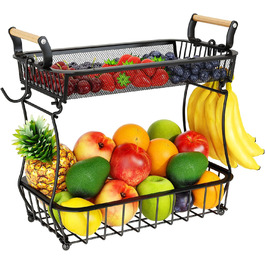 3-Tier Fruit Basket with 2 Banana Hangers for Kitchen Countertop, Vegetable Countertop, Storage Holder, Large Capacity, Metal Wire, Fruit Stand, Organizer for Onion, Snack, Black (Black-2 Tiers (with Banana Hangers))