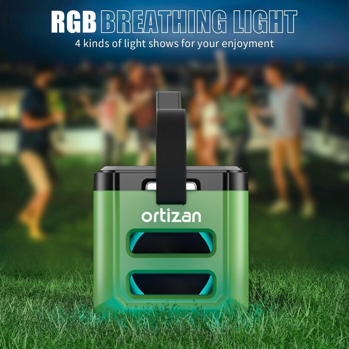 Ortizan Bluetooth колонка портативна 80 Вт, IPX7 водонепроникна, LED підсвітка, 12 год. роботи, Powerbank, стерео-з'єднання, зелено-чорна