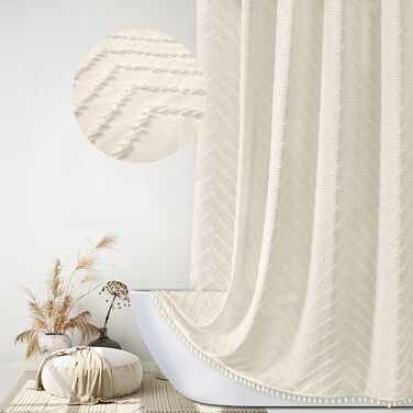 Шторка для душу Siiluminisoy Boho Extra Long, тканинна, 213.4 см, кремового кольору, 183.4 x 213.4 см, туфтована, Chevron, смугаста, сучасний дизайн, стильна, структурована, мінімалістична, 1 шт.
