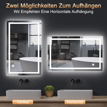 LED дзеркало для ванної кімнати 70x50 см з підсвічуванням | IP54, сенсорне керування, монтаж вертикально/горизонтально, 6500K