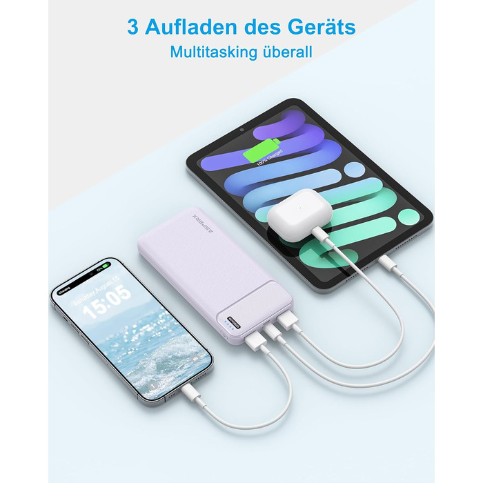 Power Bank AsperX 10000mAh 2 шт. Slim, портативний акумулятор USB-C для iPhone, iPad, Huawei, планшетів – блакитний + фіолетовий