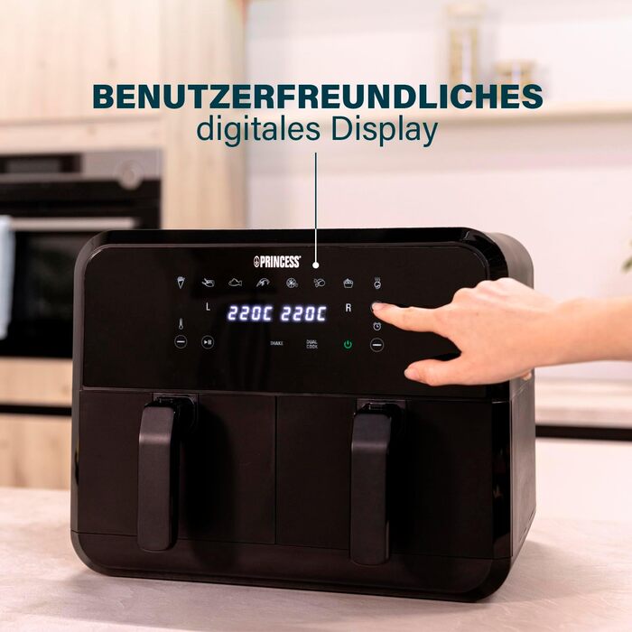 Princess Double Chamber Air Fryer with 2x4L Capacity – 74% Less Energy Consumption – Separate Temperatures for 2 Compartments – 8 Programs – 182068, 2400 Watt, 38.4 x 37.4 x 30.8 cm Double 2x4L Chamber Air Fryer Black