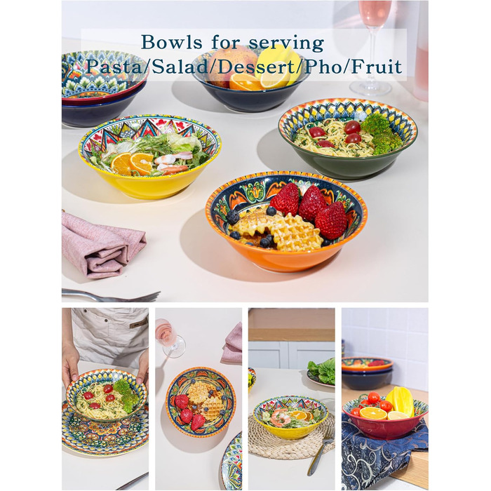 Набір супових тарілок з кераміки (6 шт) – 900 мл, кольорові салатники для кухні