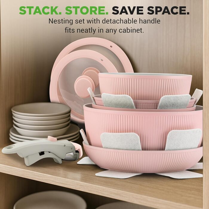 Набір посуду NutriChef 18 предметів з керамічного покриття, знімні ручки, без PTFE, антипригарний, економний, для духовки та плити, колір кремовий