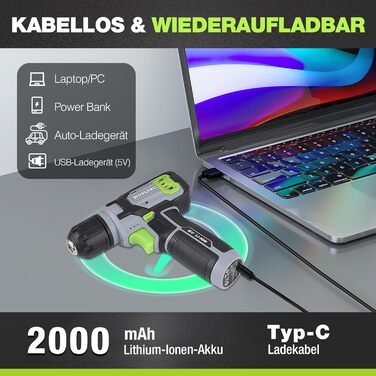 WORKPRO 8V Акумуляторний дриль-шуруповерт, комплект з кейсом, 2000 mAh, 10 мм патрон, 12 Н·м, LED, 21 шт. аксесуарів, для ремонту та DIY, сірий & зелений