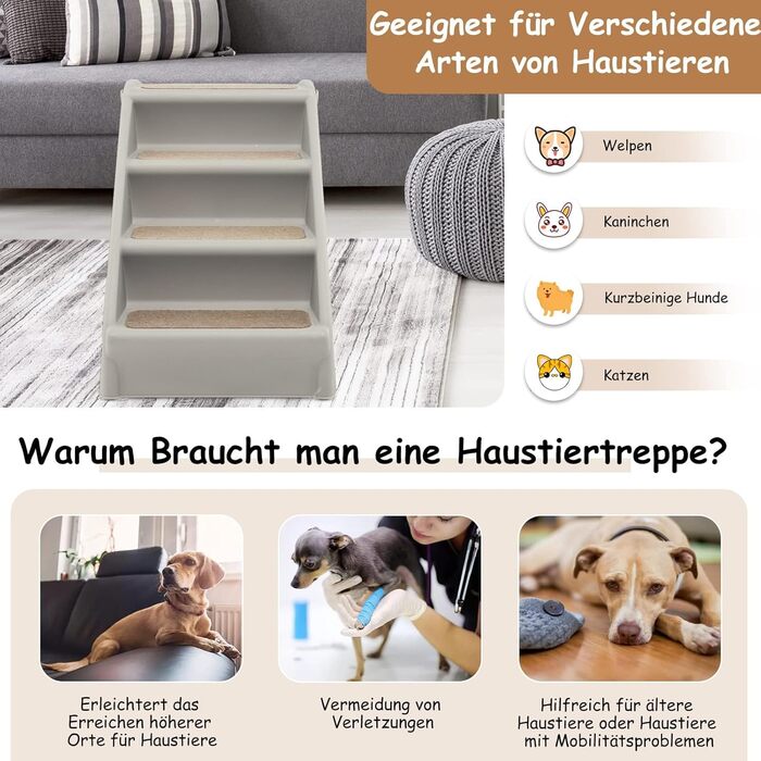 Сходинки для домашніх тварин GYMAX з 4 сходинками, складані, з пластику, з неслизькими підкладками, 4 килимками та трикутною структурою, для котів та собак (сірий)