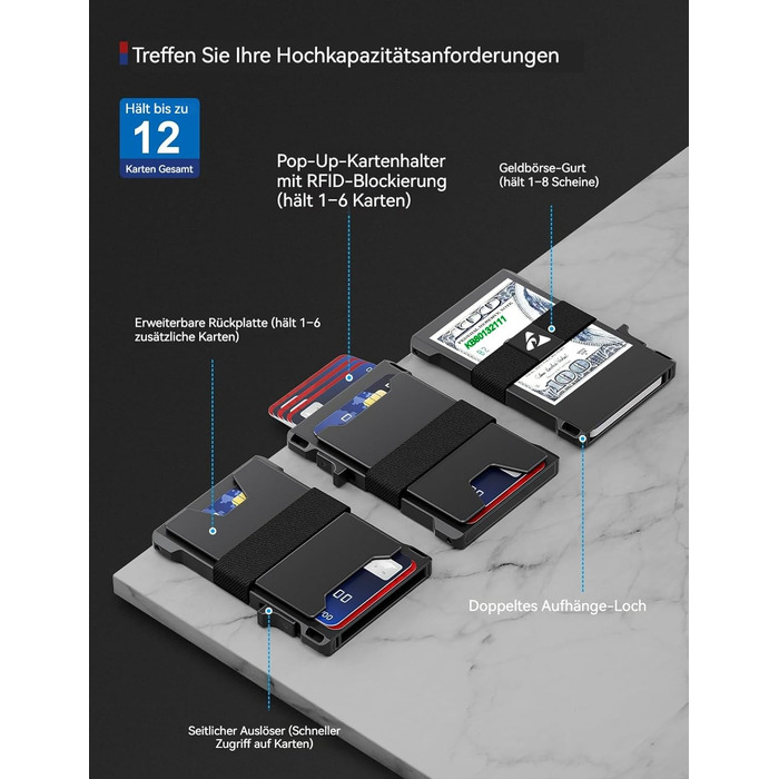 Чоловіче картхолдер з алюмінію, мінімалістичний, Pop-Up, тонкий, RFID захист, для передньої кишені, вміщує 12 карт + гроші, чорний