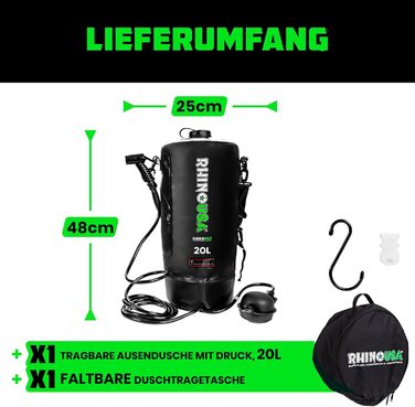 Сонячний душ Rhino USA 20 л – портативна душ для кемпінгу, фестивалів, подорожей, пляжу та відпочинку на природі. Чорний