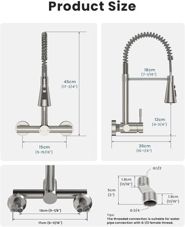 Змішувач кухонний настінний DAYONE з висувною лійкою, нержавіюча сталь, 3 режими, 360° обертання, відстань між отворами 15 см, матовий